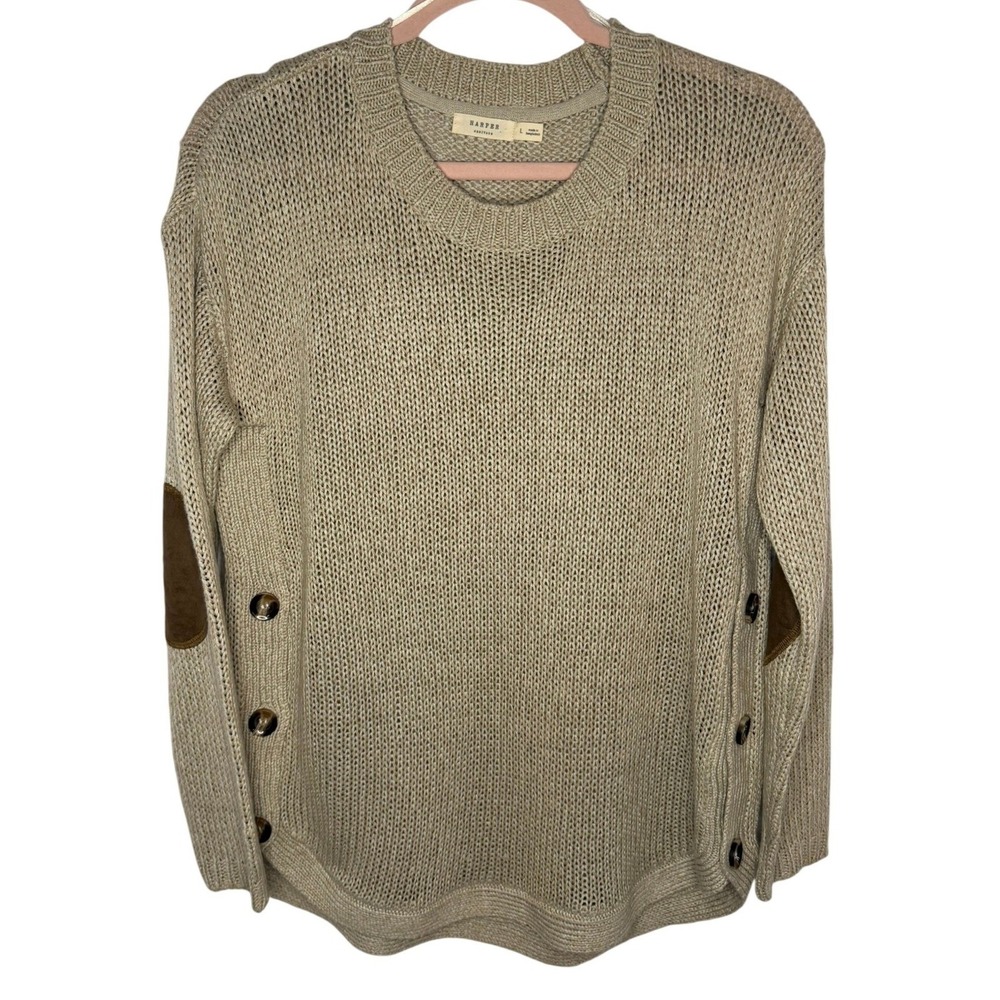 Harper Heritage Sweater Women Large Tan Elbow Patch Side Button 73S1267F